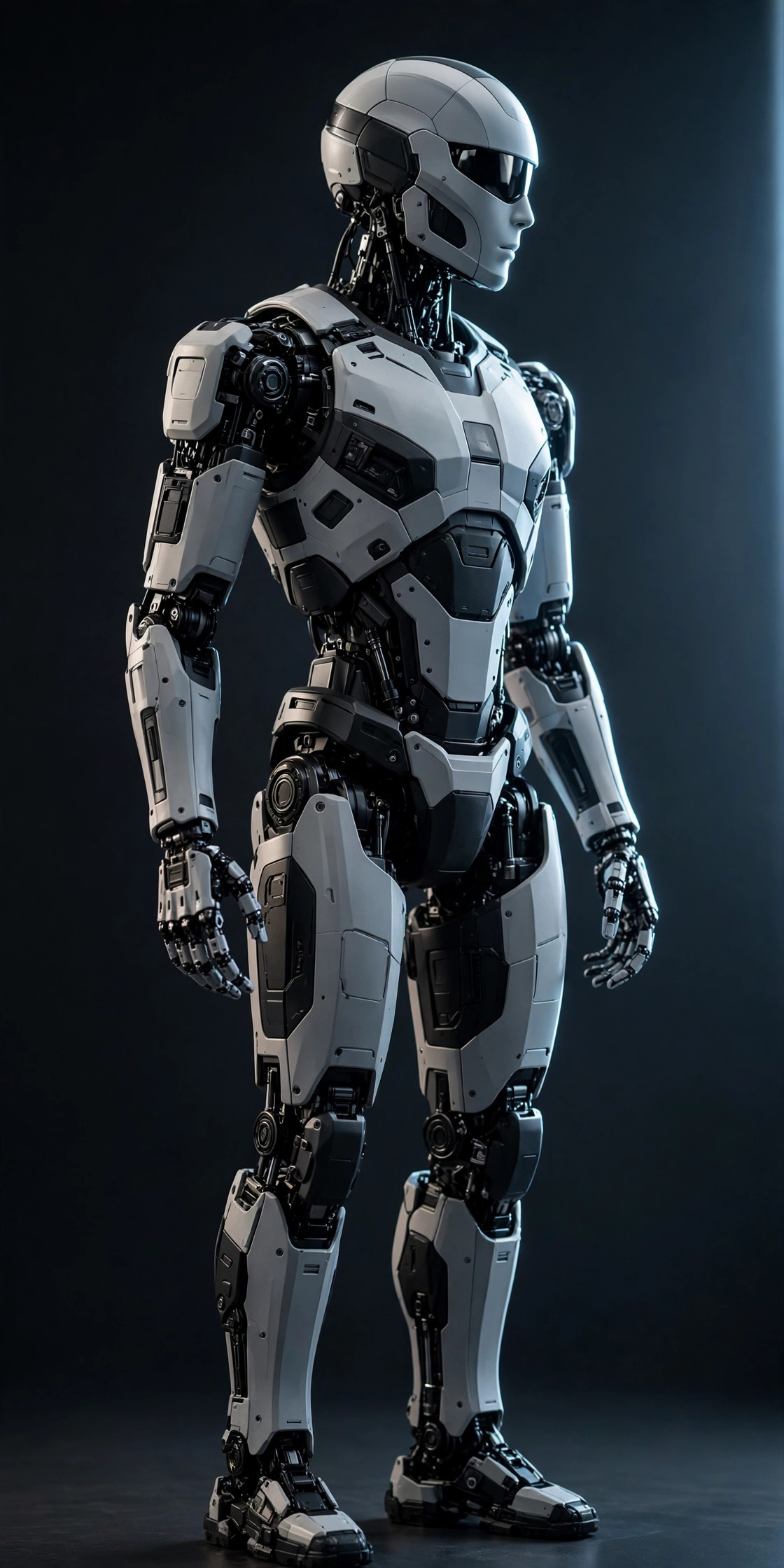 Friendly humanoid robot with a gear emblem